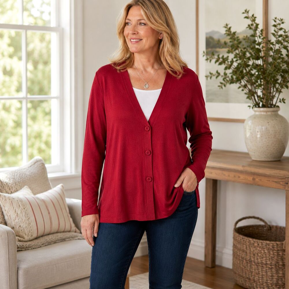 J Jill V-Neck Cardigan XL 3 Button Wool Blend Cranberry Sweater Classic Cozy NEW